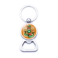 Close-up of polished metal Oktoberfest bottle opener keychain with cartoon sausage design - Happy Oktoberfest Style (JY008654-15)