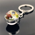 Macro shot of silver glass dome keychain featuring cats and red flowers in details - Three Cats and Flowers(XSWX2233-7)