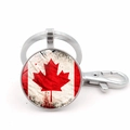 Vintage Canada flag maple leaf keychain with glass dome and lobster clasp pendant - Jy008665-silver 12
