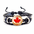 Bracciale multistrato in pelle nera intrecciata con ciondolo in vetro bandiera del Canada - Stile Gemma del Tempo Foglia di Acero Rossa (JY008695-3)