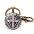 Close-up of Saint Benedict medal bronze keychain featuring classic lobster clasp and ring - Saint Benedict Vintage Medal Style 12 (Copper JY008670-12)