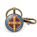 Detail of vintage bronze Saint Benedict Medal keychain with red and blue enamel finish - Vintage Saint Benedict Medal Style 9 (Copper)