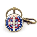 Detail of vintage Saint Benedict Medal keychain with bronze finish and glass dome - Saint Benedict Vintage Medal Style 7 (JY008670-Copper 7)