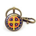 Saint Benedict Medal keychain with bronze finish, lobster clasp and religious glass pendant - Saint Benedict Cross Colorful Style (Copper)