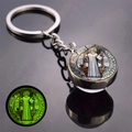 Luminous Saint Benedict medal keychain with double-sided glass ball and glowing effect - Blue Enamel Style (JY008673-4)