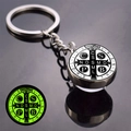 Luminous St. Benedict Medal keychain with double-sided glass ball and green glow in the dark - Silver Embossed Style (JY008673-3)