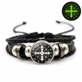 Luminous Saint Benedict Medal on multilayered black braided leather bracelet detail - Classic Glass Cover Style (JY008668-11)