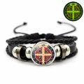 Glow-in-the-dark St Benedict medal on a triple-layer braided black leather bracelet - Red Blue Gold Tri-Color Medal Style (JY008668-10)