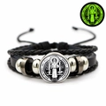 Detail of multi-layer black leather bracelet featuring a Saint Benedict medal and metal beads - Alloy Drip Glue Medal Style (JY008668-8)