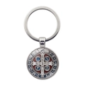 Close-up of Saint Benedict Medal keychain with red and blue enamel detail on silver metal - Tri-Color Enamel Medal (JY008667-Silver 12)