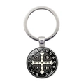 Close-up of Saint Benedict Medal keychain with silver finish and detailed religious symbols - Clear Glue Black White Medal (JY008667-Silver 11)