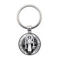 Detailed view of silver St. Benedict religious medal keychain with black and white inlay - Solemn Retro Medal (JY008667-Silver 8)