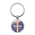 Detail of Saint Benedict Medal keychain featuring colorful enamel symbols and metal ring - Red Blue Cream Tri-Color Medal (JY008667-Silver 7)