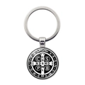 Detail of St. Benedict Medal keychain with polished silver metal ring and glass dome - Black Background White Text Medal (JY008667-Silver 6)