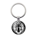 Macro detail of Saint Benedict Medal keychain with polished metal ring and clear glass dome - St. Benedict Full Figure (JY008667-Silver 5)