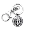 Macro detail of silver Saint Benedict Medal keychain with sturdy lobster clasp - Vintage Black and White Pattern Saint Benedict Medal Style (JY008676-8)