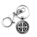 Detailed macro view of the Saint Benedict Medal keychain with lobster clasp and shiny finish - Brushed Stainless Steel Saint Benedict Medal Style (JY008676-6)
