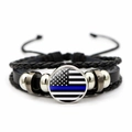 Detailed view of multilayer braided leather USA flag bracelet with thin blue line charm - Thin Blue Line Style (JY008686-12)