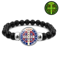 Glow-in-the-dark feature detail on a black beaded Saint Benedict Medal stretch bracelet - Blue Red White Luminous Medal (JY008672-7)