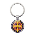 Saint Benedict Medal keychain with red and blue religious pendant on silver ring - Red Blue Contrast Medal (JY008667-Silver 2)
