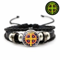 Saint Benedict Medal leather braided bracelet with religious cross charm in black - Colored Drip Glue Medal Style (JY008668-2)