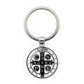 Saint Benedict Medal keychain with silver polished metal pendant on white background - Black White Medal Design (JY008667-Silver 3)