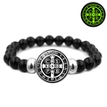 Detail view of St. Benedict medal on elastic bracelet with polished black beads - PAX Peace Scripture Medal (JY008672-6)
