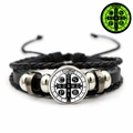 Men's black braided leather bracelet featuring St. Benedict religious medal and adjustable cord - Retro Metal Medal Style (JY008668-3)