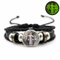 Saint Benedict religious medal black braided leather bracelet with silver metal beads - Glass Slot Medal Style (JY008668-4)