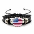 Close-up of woven leather bracelet featuring a glass cabochon USA flag charm - Retro Trend Style (JY008686-5)