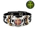 Detail of multi-layer leather bracelet with luminous St. Benedict medal and wood beads - Enamel Alloy Medal Style (JY008675-10)