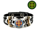 Detailed view of Saint Benedict Medal on multilayer black leather punk braided bracelet - Red Blue Drip Oil Medal Style (JY008675-9)