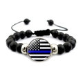 Detail of beaded bracelet with Thin Blue Line American flag charm and adjustable cord - Black And White Flag Blue Line Style (JY008693-12)