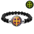 Bracciale Medaglia San Benedetto con perline nere e funzione fosforescente al buio - Medaglia Luminosa Tricolore (JY008672-2)