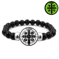 Bracciale medaglia San Benedetto con perle nere elastiche e dettagli luminosi - Medaglia d'Argento Croce Classica (JY008672-3)