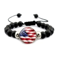 Vintage US flag beaded bracelet with black matte beads and adjustable cord pull - Silver Base Flag Style (JY008693-8)