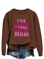 Detailed view of brown crewneck sweatshirt with pink retro Yes I Know I Look Like My Mom text - S / Coffee