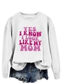 Close-up of pink and purple letter print on white crew neck long sleeve sweatshirt - S / White