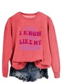 Detail of artistic lettering print on coral pink crewneck sweatshirt with denim shorts - S / Red
