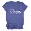 Detailed close-up of 'Stronger than the storm' text on purple heather cotton t-shirt - Retro Blue (White Font)
