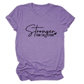 Close-up of Stronger Than The Storm text print on purple cotton t-shirt fabric - Purple (Black Text)