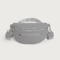 Grey pebbled leather crossbody chest bag with geometric patterned wide strap - Gray