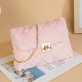 Pink faux fur chain crossbody bag with quilted pattern and golden square lock - Pink
