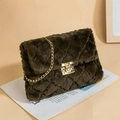 Olive green faux fur crossbody bag with quilted texture and gold chain strap - Coffee