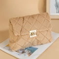 Light brown faux fur chain bag featuring quilted stitching and golden metal lock - Khaki