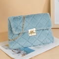 Light blue faux fur crossbody bag with quilted pattern and golden chain strap - Blue