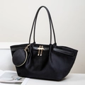 Chic black velvet tote bag for women featuring a heart twin bird metal logo and small pouch - Black