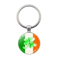 Close-up of Ireland flag keychain with green clover pendant and polished silver ring - Glossy Reflective Clover Style (JY008700-Silver12)