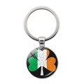 Detailed view of Ireland flag clover keychain with polished silver metal ring and glass dome - Black Background Clover Style (JY008700-Silver 11)