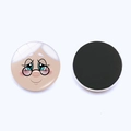 Detail of round Christmas snowman fridge magnet showing front cartoon and back magnetic layer - Old Woman Face (JY008707-7)